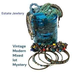 Estate Jewlery Blue Mason jar  Blue and Silver Beaded mixed lot and Craftable
